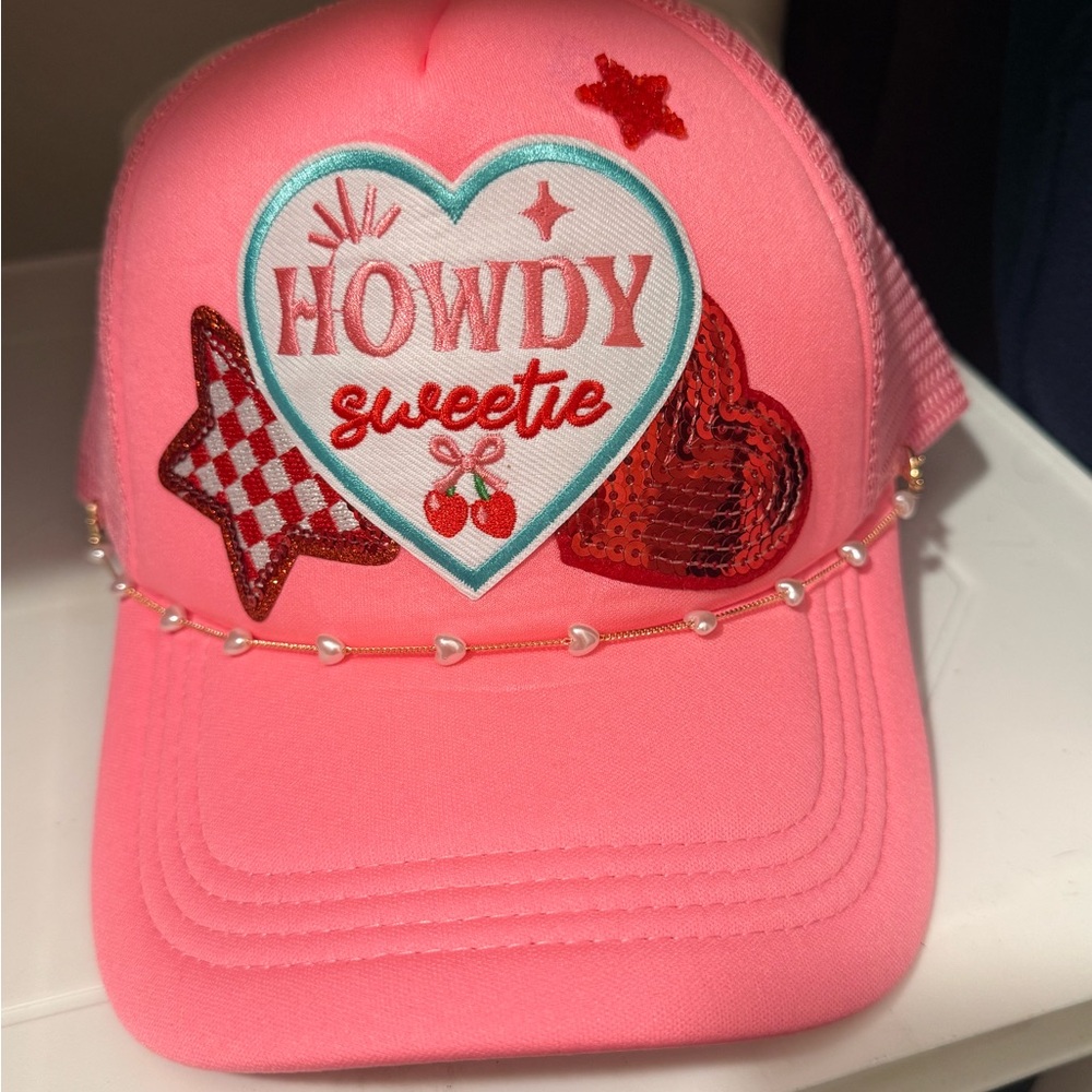 Pink “Howdy Sweetie” Trucker Hat w/ Hearts, Stars & Pearl Detail